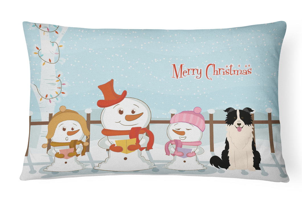 12 in x 16 in  Outdoor Throw Pillow Merry Christmas Carolers Border Collie Black White Canvas Fabric Decorative Pillow