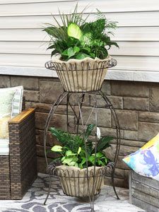 Metal Plant Stand 2-Tier Basket Planter Holder Indoor Outdoor Flower Rack