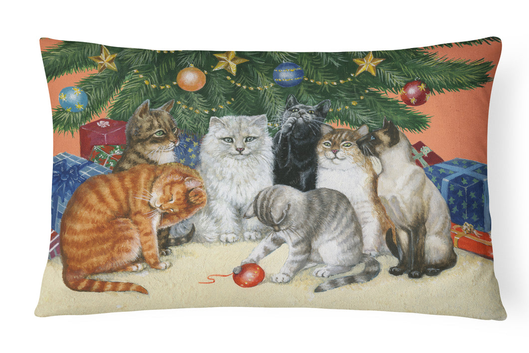 12 in x 16 in  Outdoor Throw Pillow Cats under the Christmas Tree Canvas Fabric Decorative Pillow