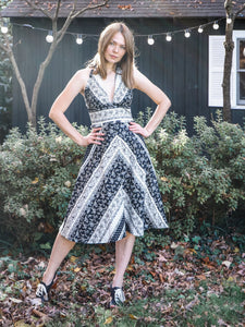 Freya Halter Dress / Black & Milky White Floral Stripe Cotton