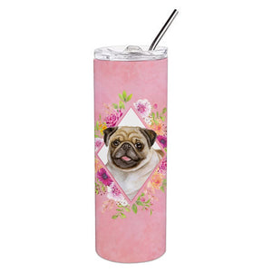 CK4174TBL20 20 oz Fawn Pug Pink Flowers Double Walled Stainless Steel Skinny Tumbler