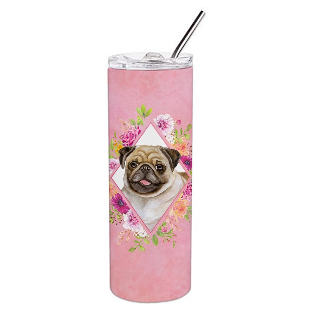 CK4174TBL20 20 oz Fawn Pug Pink Flowers Double Walled Stainless Steel Skinny Tumbler