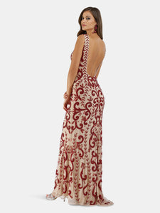 Lara 29536 - Nude/Red Beaded Pattern Dress