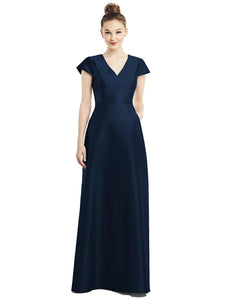 Cap Sleeve V-Neck Satin Gown with Pockets - D779