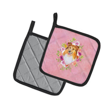 Load image into Gallery viewer, Sheltie Shetland Sheepdog Pink Flowers Pair of Pot Holders