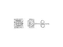 Load image into Gallery viewer, .925 Sterling Silver 1/6 Cttw Invisible Set Princess-Cut Diamond Quad Composite Stud Earrings