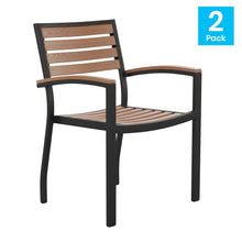 Load image into Gallery viewer, Aluminum Stacking Chairs with Faux Teak Slatted Back and Seat and Faux Teak Accented Arms - Set of Two