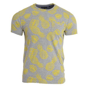 Brave Soul Mens Pineapple Print Crew Neck T Shirt (Gray Marl/Yellow)