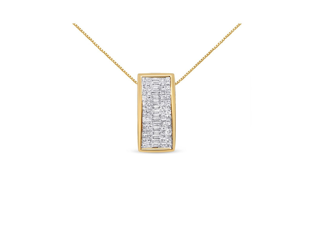 14K Yellow Gold 1 3/8 cttw Princess Baguette Diamond Rectangle Halo Pendant Necklace