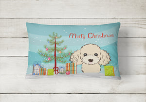 12 in x 16 in  Outdoor Throw Pillow Christmas Tree and Buff Poodle Canvas Fabric Decorative Pillow