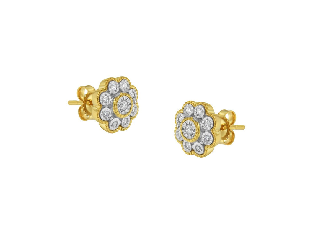 14K Yellow Gold Plated .925 Sterling Silver 1/6 Cttw Miracle-Plate Set Diamond Floral Stud Earrings