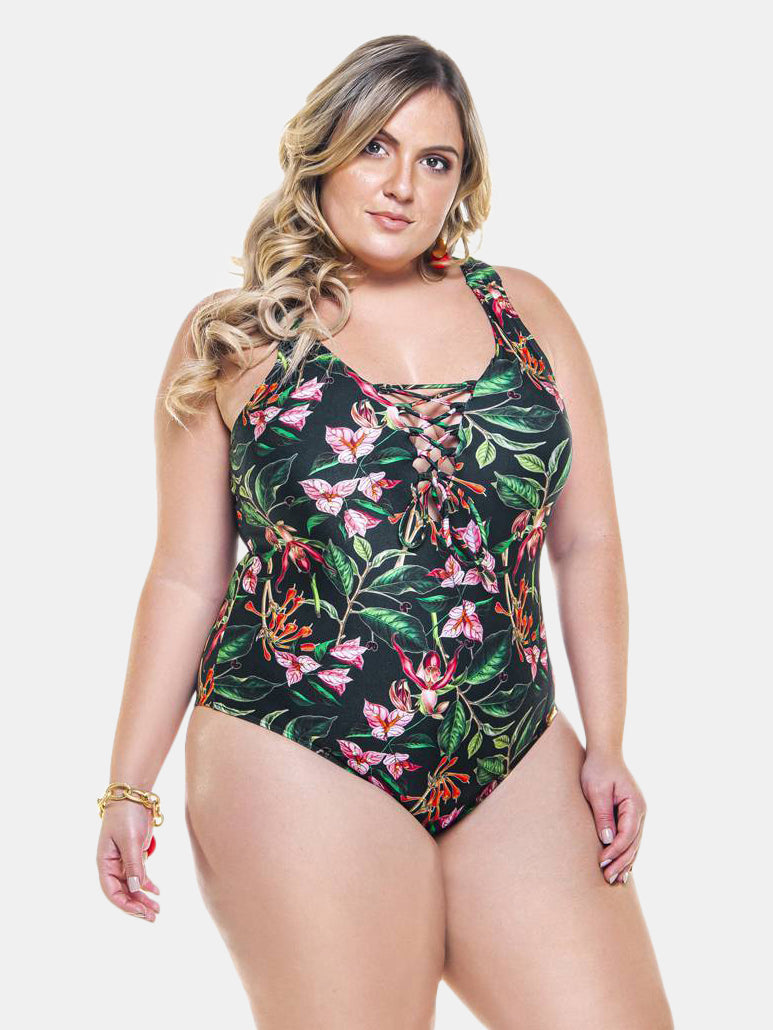 Padded Swimsuit With Crisscross Detailing In The Neckline In Cherry Tree Print