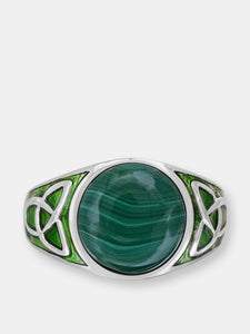 Malachite Cabochon Flat Back Stone Signet Ring in Sterling Silver with Enamel