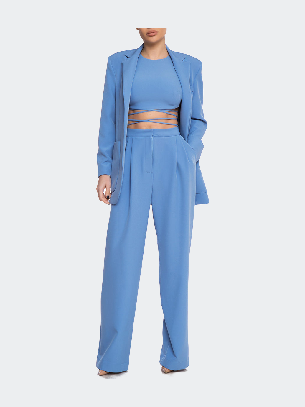 Blue Pleated Wide-Leg Pants