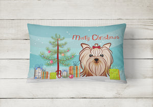 12 in x 16 in  Outdoor Throw Pillow Christmas Tree and Yorkie Yorkishire Terrier Canvas Fabric Decorative Pillow