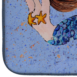 14 in x 21 in Brown Headed Mermaid on Blue Dish Drying Mat