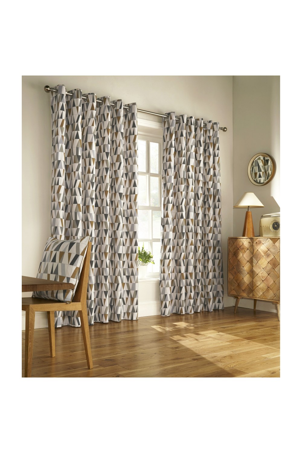 Furn Reno Ringtop Geometric Eyelet Curtains (Charcoal/Gold) (66in x 90in)