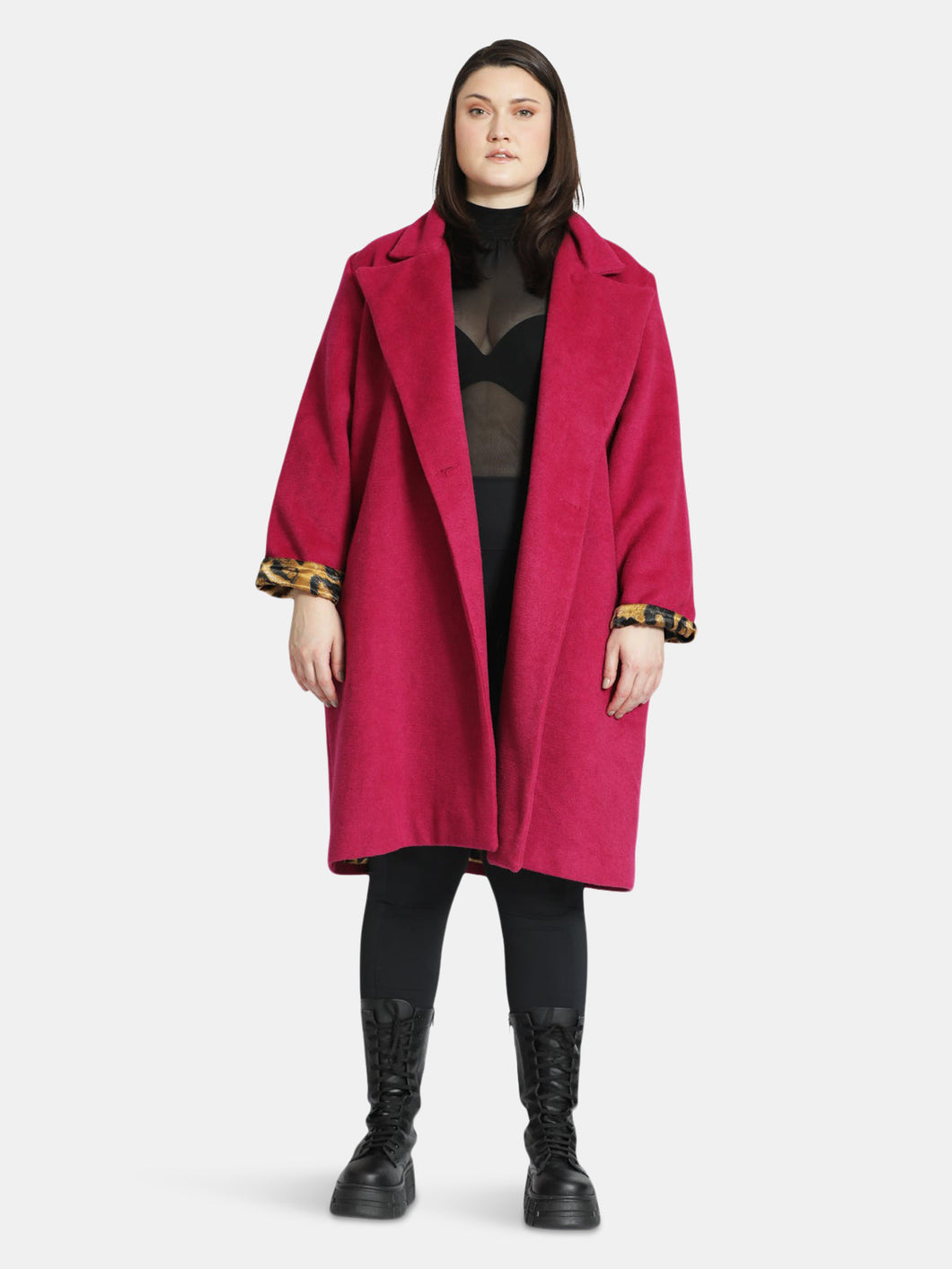 Wool Double-Breasted Coat in Fuchsia Pink