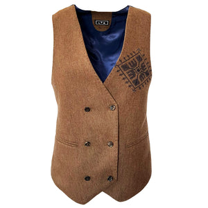 Embroidered Wool Double Breasted Vest In Camel Brown