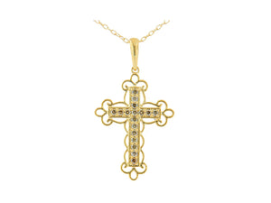 10K Yellow Flashed .925 Sterling Silver 1/4 Cttw Champagne Diamond Filigree Cross Pendant Necklace