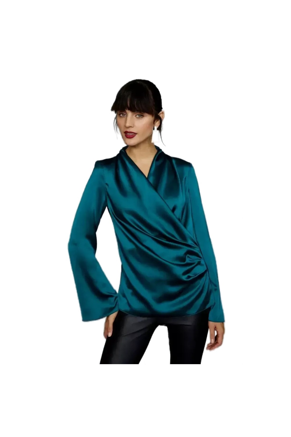 Womens/Ladies Satin Draped Sleeve Blouse - Green