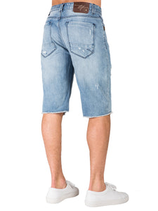Men's Premium Denim Shorts Light Blue Distressed Mended Raw Edge 13" Inseam