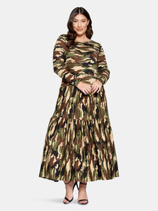 Camo Tiered Maxi Dress with Long Sleeves