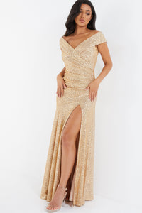 Sequin Bardot Ruched Maxi Dress - Gold