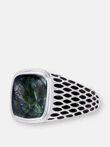 Seraphinite Stone Signet Ring in Black Rhodium Plated Sterling Silver