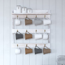 Load image into Gallery viewer, Steeley Wooden Wall Mount 12 Cup Mug Rack Organizer With Upper Storage Shelf And Metal Hanging Hooks- Whitewashed