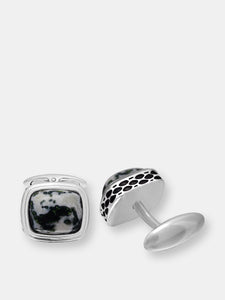 Tree Agate Stone Cufflinks in Black Rhodium Plated Sterling Silver