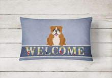 Load image into Gallery viewer, 12 in x 16 in  Outdoor Throw Pillow English Bulldog Red White Welcome Canvas Fabric Decorative Pillow