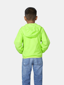 Sam - Kids Green Fluo Full Zip Packable Rain Jacket