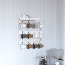 Load image into Gallery viewer, Steeley Wooden Wall Mount 12 Cup Mug Rack Organizer With Upper Storage Shelf And Metal Hanging Hooks- Whitewashed