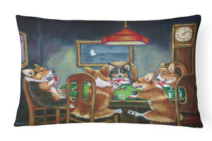 12 in x 16 in  Outdoor Throw Pillow Corgi Playing Poker Canvas Fabric Decorative Pillow