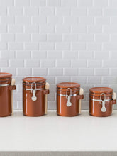 Load image into Gallery viewer, 4 Piece Ceramic Canisters with Easy Open Air-Tight Clamp Top Lid and Wooden Spoons, Brown