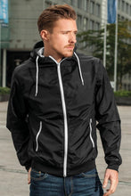 Load image into Gallery viewer, Build Your Brand Mens Zip Up Wind Runner Jacket (Black/Black)