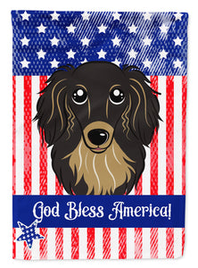 11" x 15" 1/2" Polyester American Flag And Longhair Black And Tan Dachshund Garden Flag 2-Sided 2-Ply