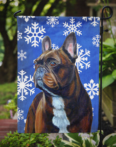 11 x 15 1/2 in. Polyester French Bulldog Winter Snowflakes Holiday Garden Flag 2-Sided 2-Ply