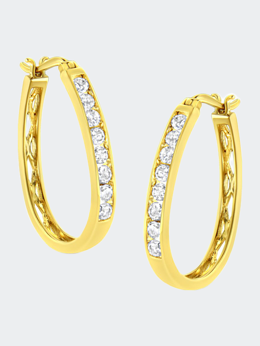 10K Yellow Gold 1/2 Cttw Round and Baguette-Cut Diamond Hoop Earrings