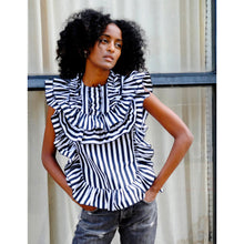 Load image into Gallery viewer, Black &amp; White Stripe Poplin Ruffle Yoke Top