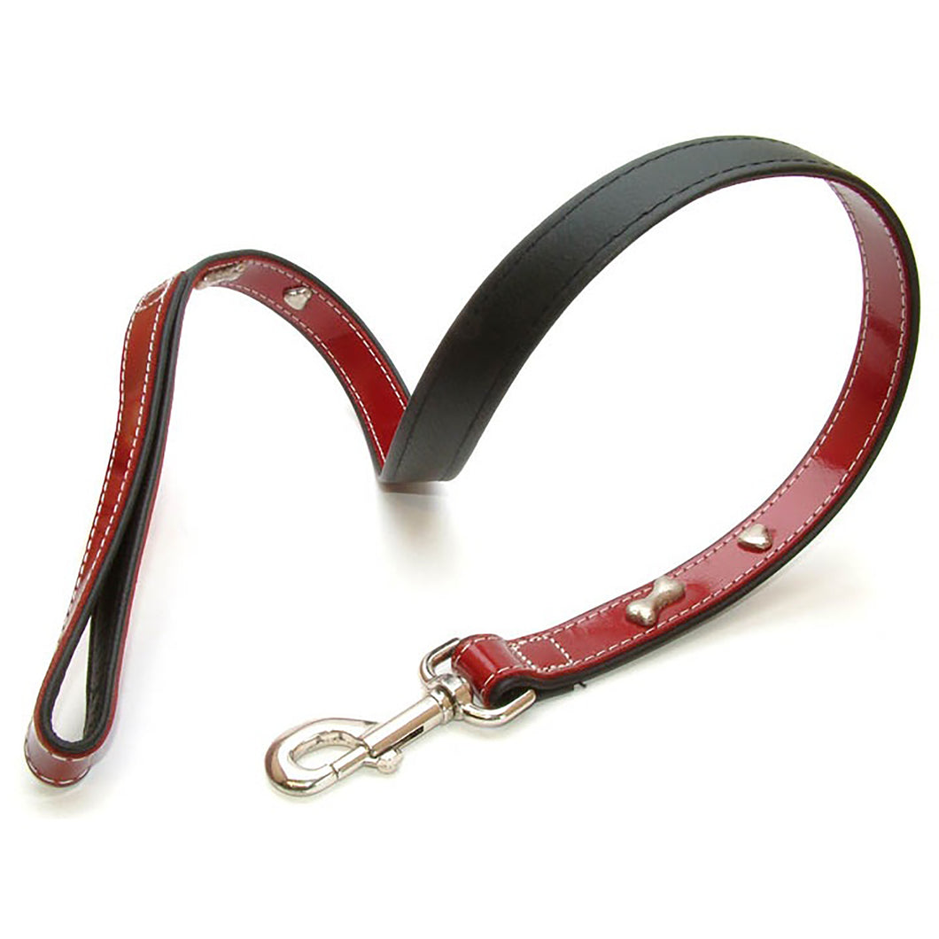 Vital Pet Products Bones Design Leather Dog Leash (Red) (0.59in x 39in)