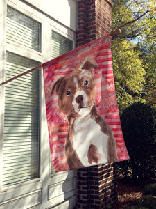 28 x 40 in. Polyester Red Staffie Bull Terrier Love Flag Canvas House Size 2-Sided Heavyweight