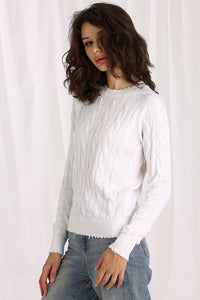 Cotton Cable LS Crew With Frayed Edges Sweater