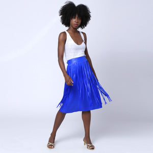 Sk4 | Fringe Midi Skirt in Indigo Blue Rescued Leather