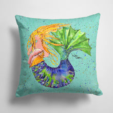Load image into Gallery viewer, 14 in x 14 in Outdoor Throw PillowBlonde Mermaid on Teal Fabric Decorative Pillow