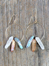 Load image into Gallery viewer, Gold Hoop Dangle Earring with Three Raw Quartz Crystals in Mystic Grey, Rainbow and Peach Quartz