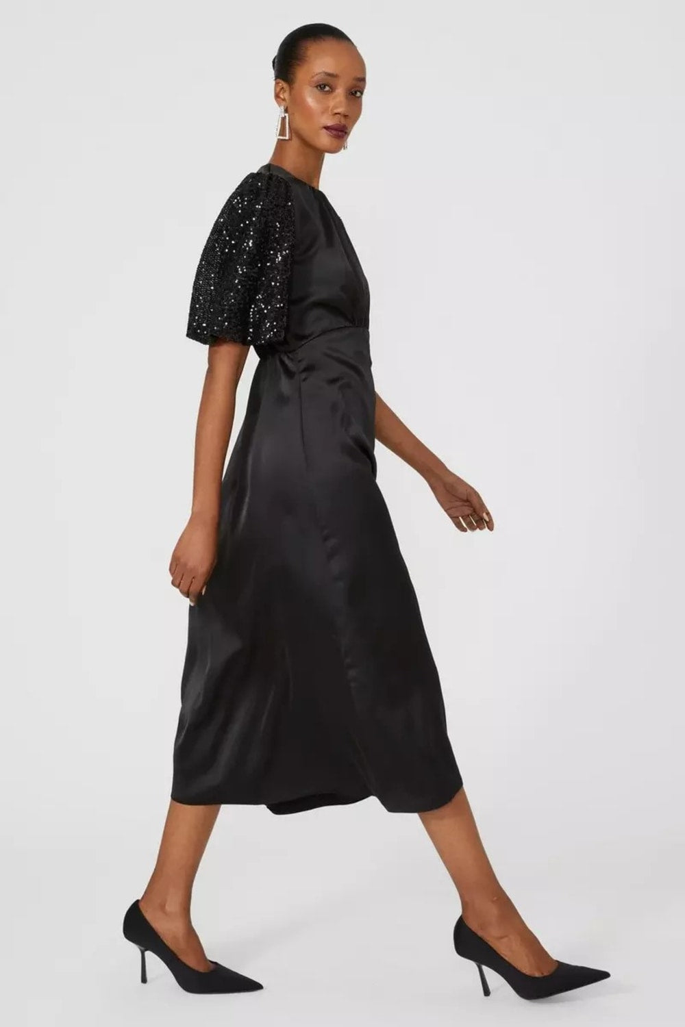Womens/Ladies Sequin Puffed Midi Dress - Black