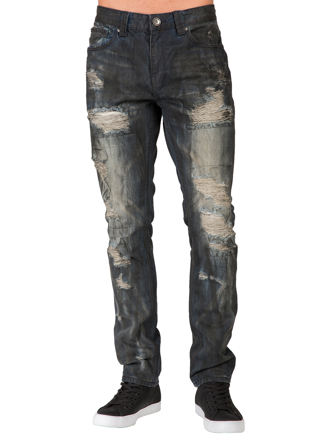 Men's Premium Denim Jeans Slim Straight Leg Destroyed Dark Blue Smudging