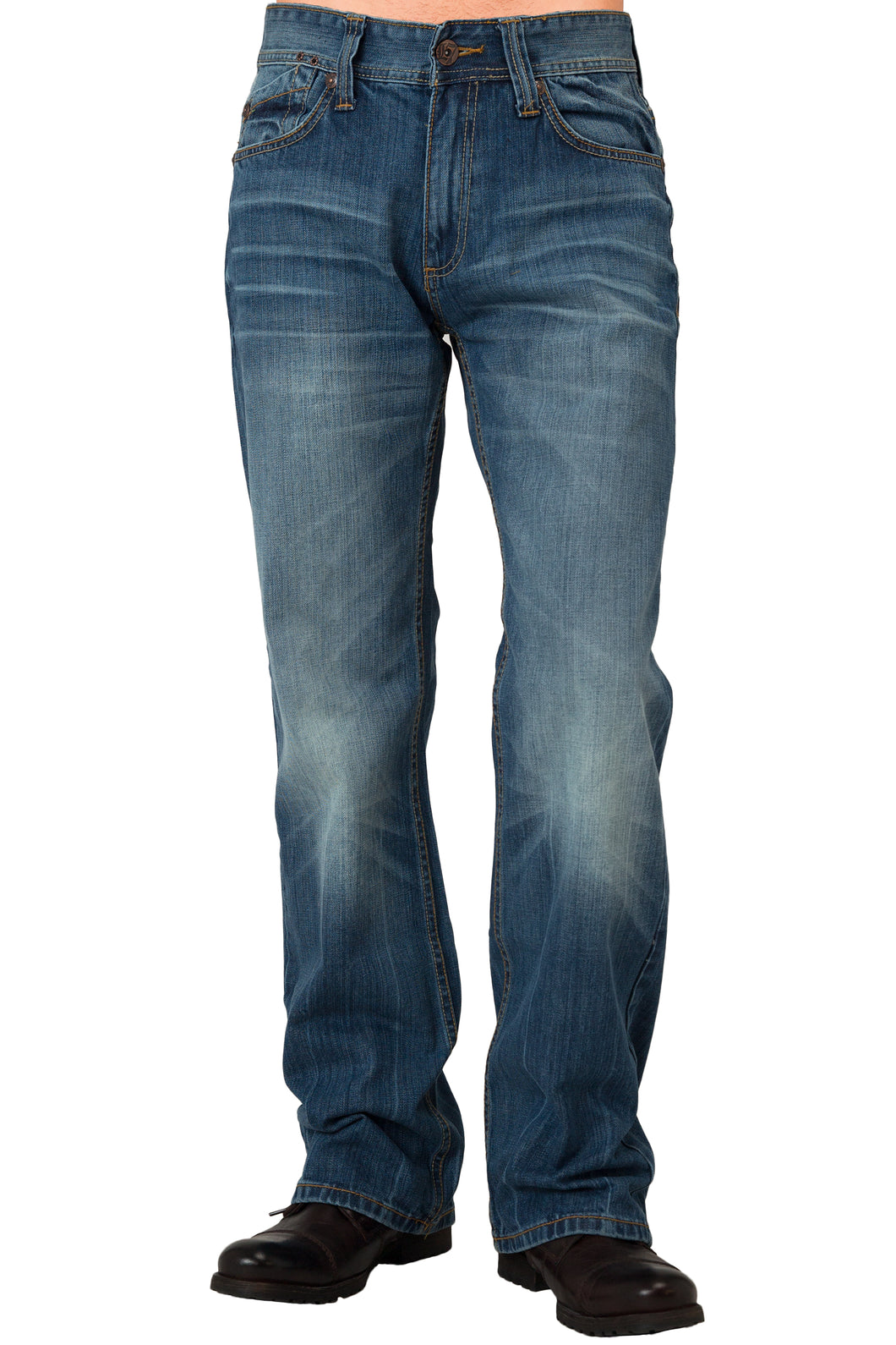 Men's Midrise Relaxed Bootcut Premium Jeans Medium Blue Vintage Whisker Wash